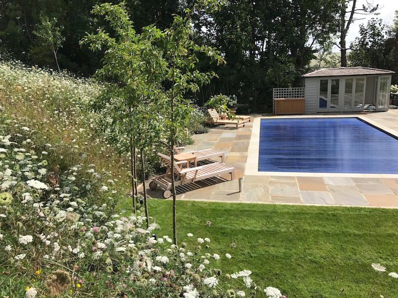 The pool and pool house with Garpa sun loungers